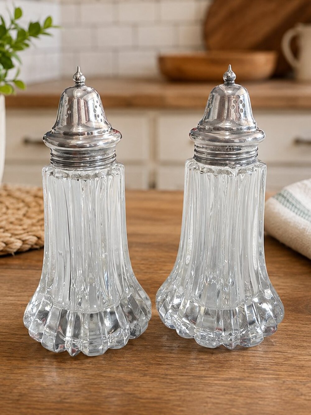 Vintage Ribbed Crystal Glass Salt & Pepper Shakers Silver Plate Tops England